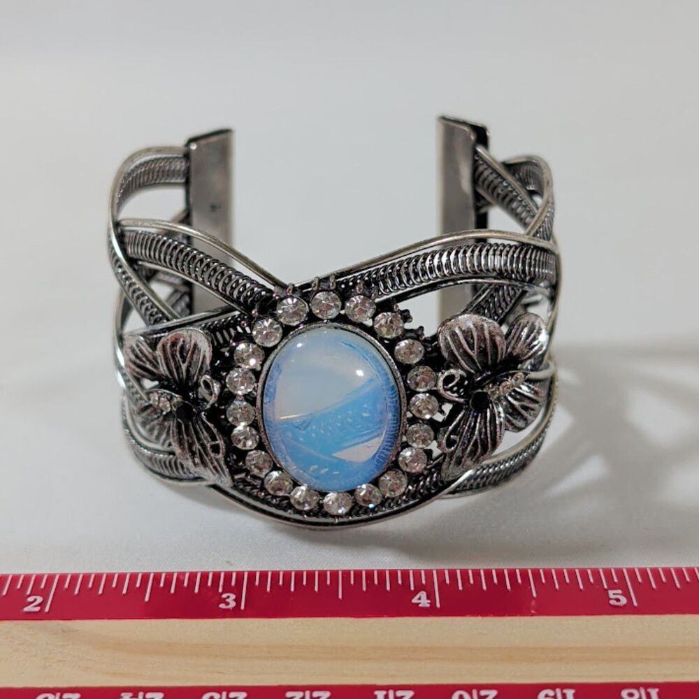 Boho Floral Wide Cuff Bangle, Radiant Opalescent Blue Center Stone, Unmarked